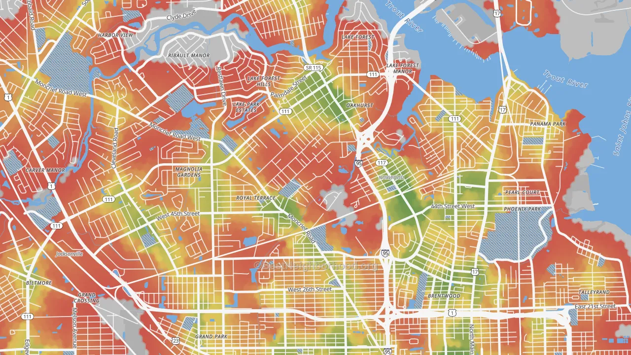 Walk Grade map of 45th and Moncrief, Jacksonville, FL, walkable areas in green and car-dependent areas in red