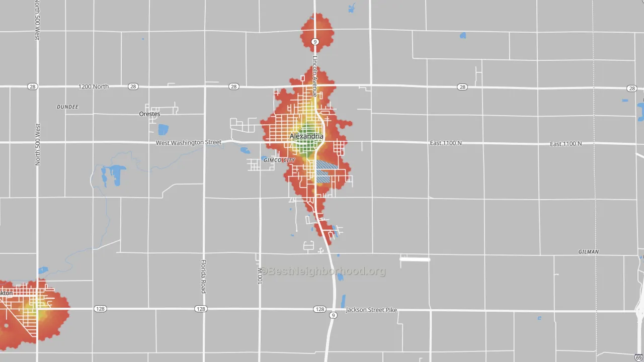 Walk Grade map of 46001, IN, walkable areas in green and car-dependent areas in red