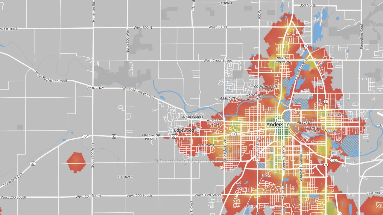 Walk Grade map of 46011, IN, walkable areas in green and car-dependent areas in red