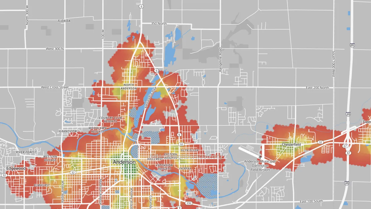 Walk Grade map of 46012, IN, walkable areas in green and car-dependent areas in red