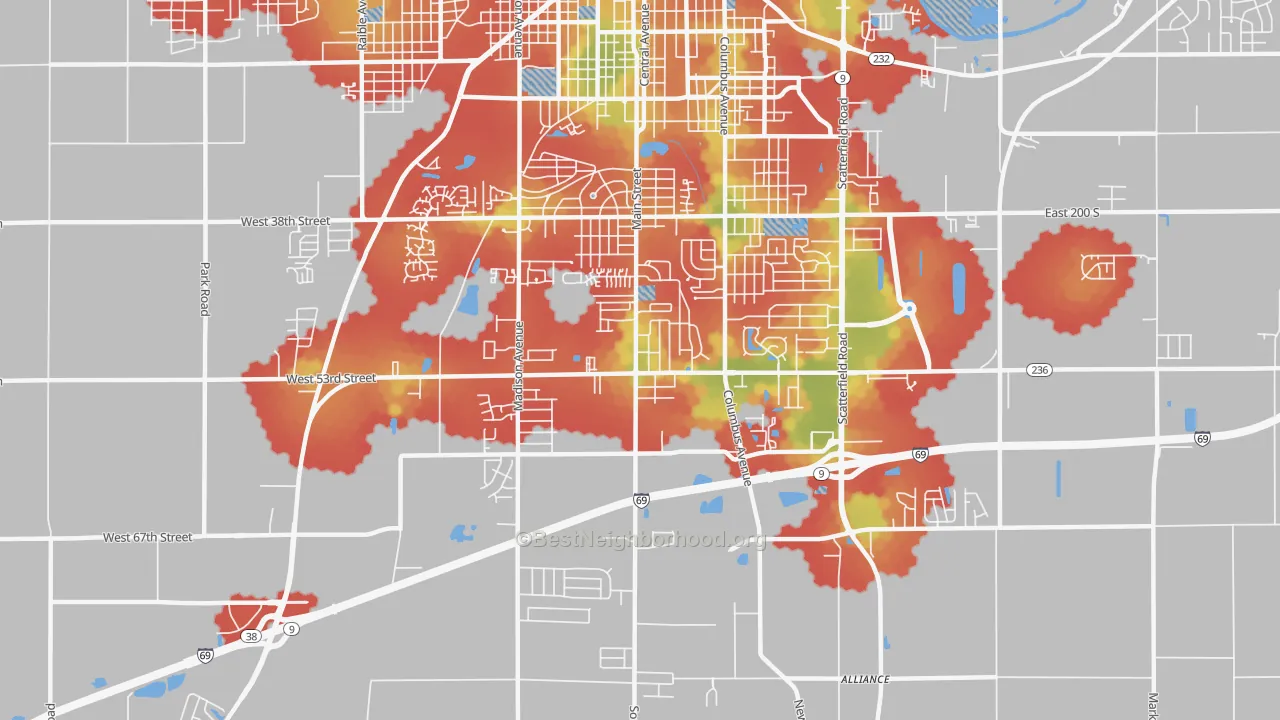 Walk Grade map of 46013, IN, walkable areas in green and car-dependent areas in red