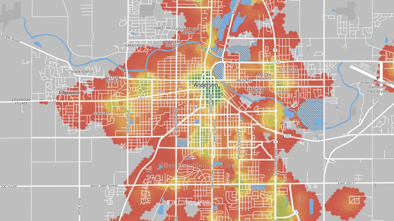 Walk Grade map of 46016, IN, walkable areas in green and car-dependent areas in red