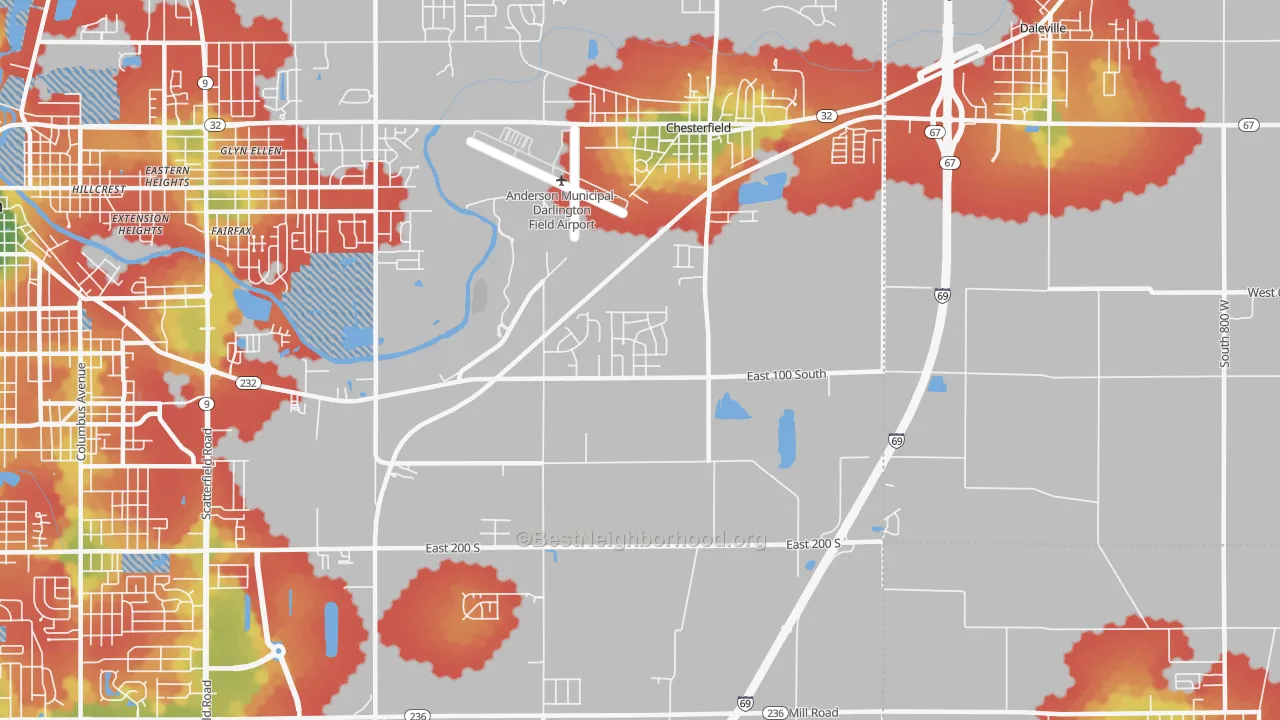 Walk Grade map of 46017, IN, walkable areas in green and car-dependent areas in red