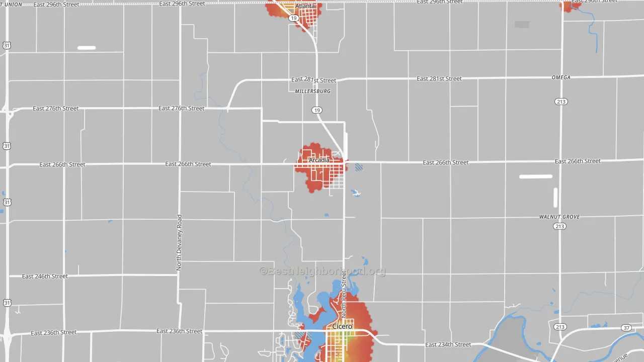 Walk Grade map of 46030, IN, walkable areas in green and car-dependent areas in red