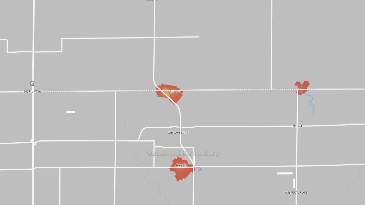 Walk Grade map of 46031, IN, walkable areas in green and car-dependent areas in red