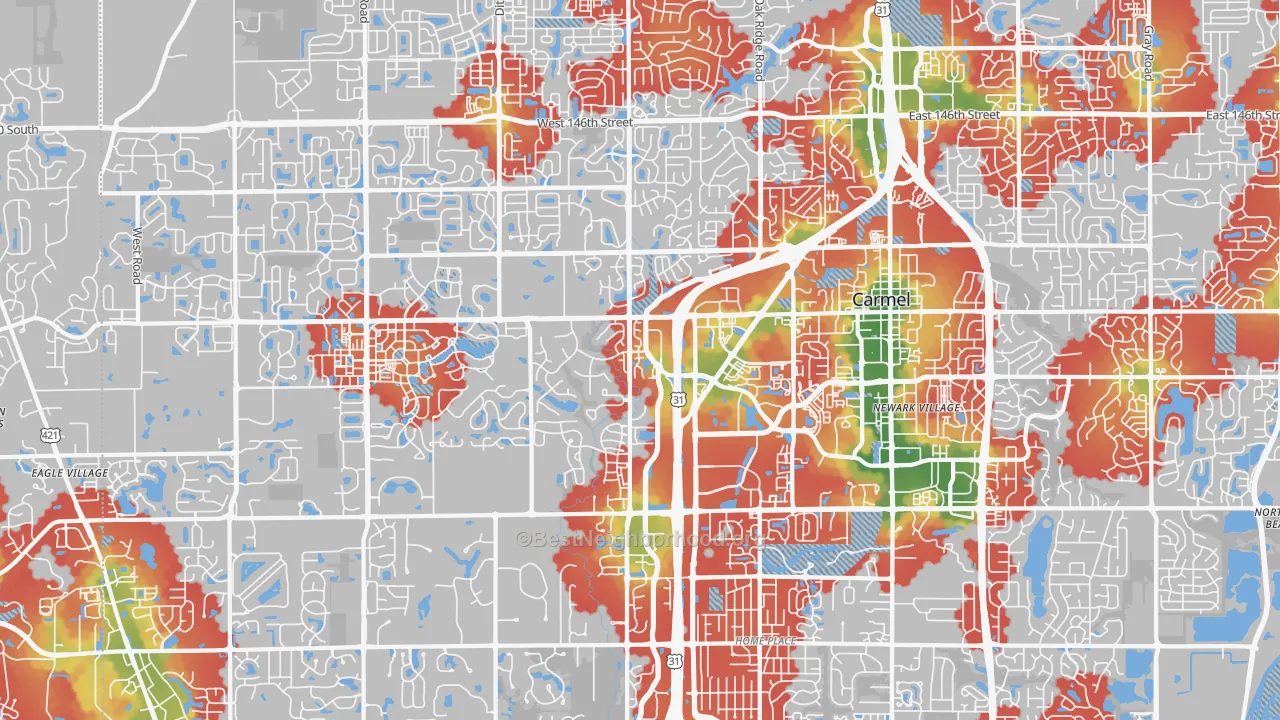 Walk Grade map of 46032, IN, walkable areas in green and car-dependent areas in red