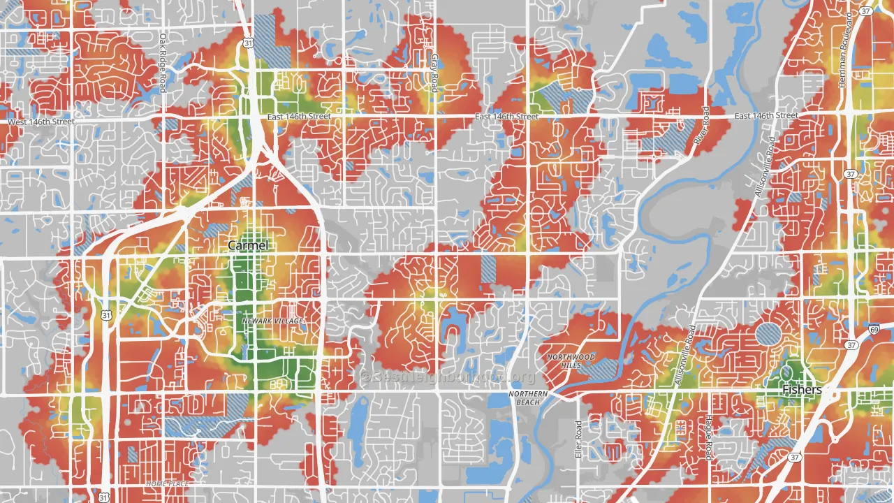 Walk Grade map of 46033, IN, walkable areas in green and car-dependent areas in red