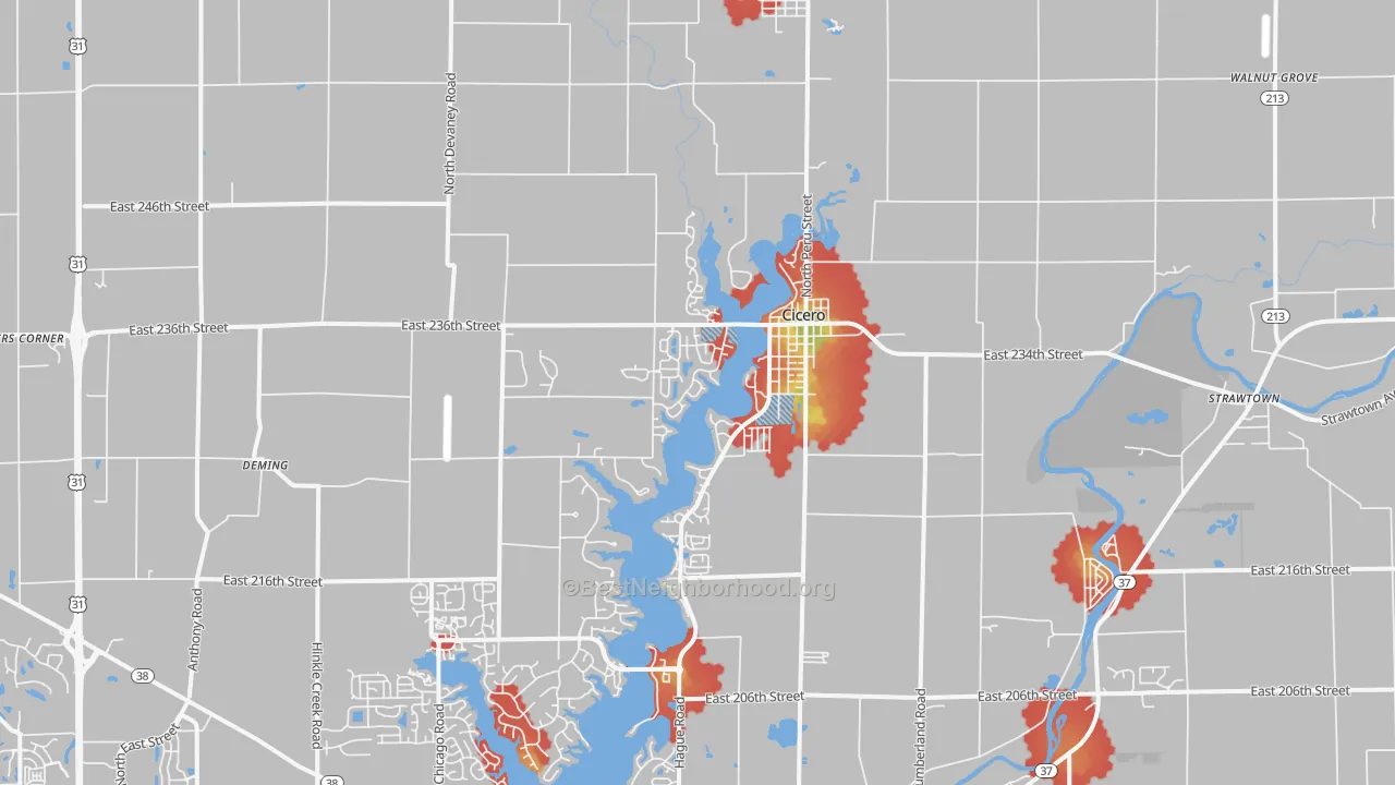 Walk Grade map of 46034, IN, walkable areas in green and car-dependent areas in red