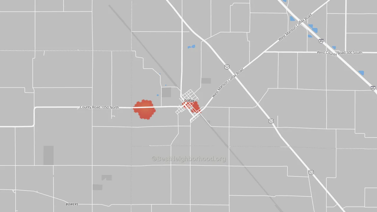 Walk Grade map of 46035, IN, walkable areas in green and car-dependent areas in red