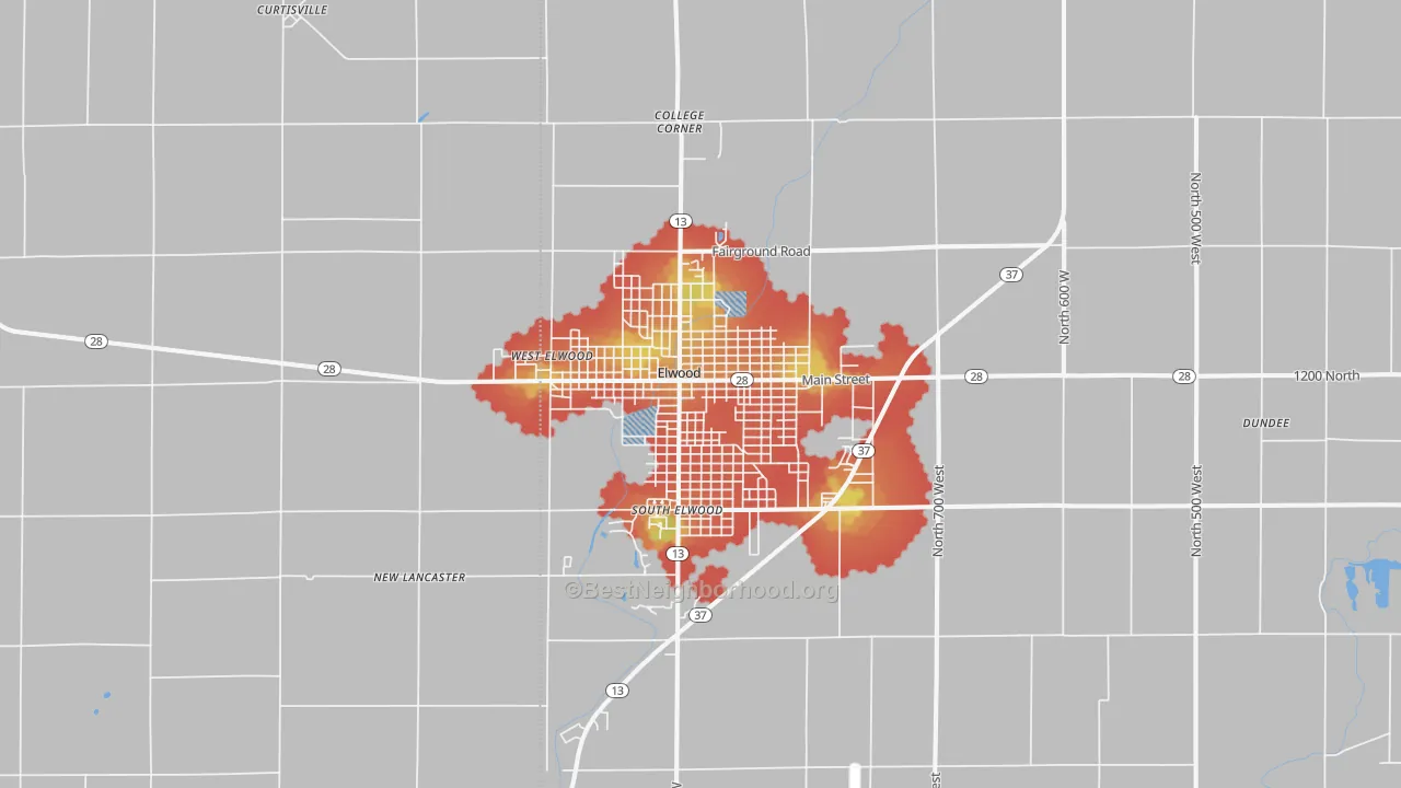Walk Grade map of 46036, IN, walkable areas in green and car-dependent areas in red