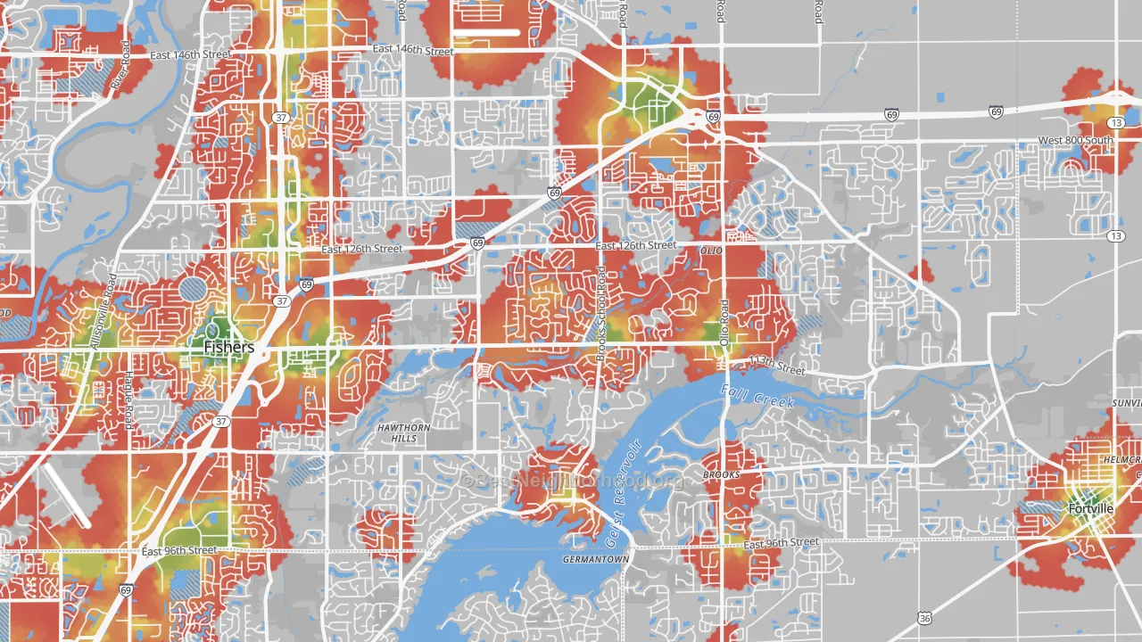 Walk Grade map of 46037, IN, walkable areas in green and car-dependent areas in red