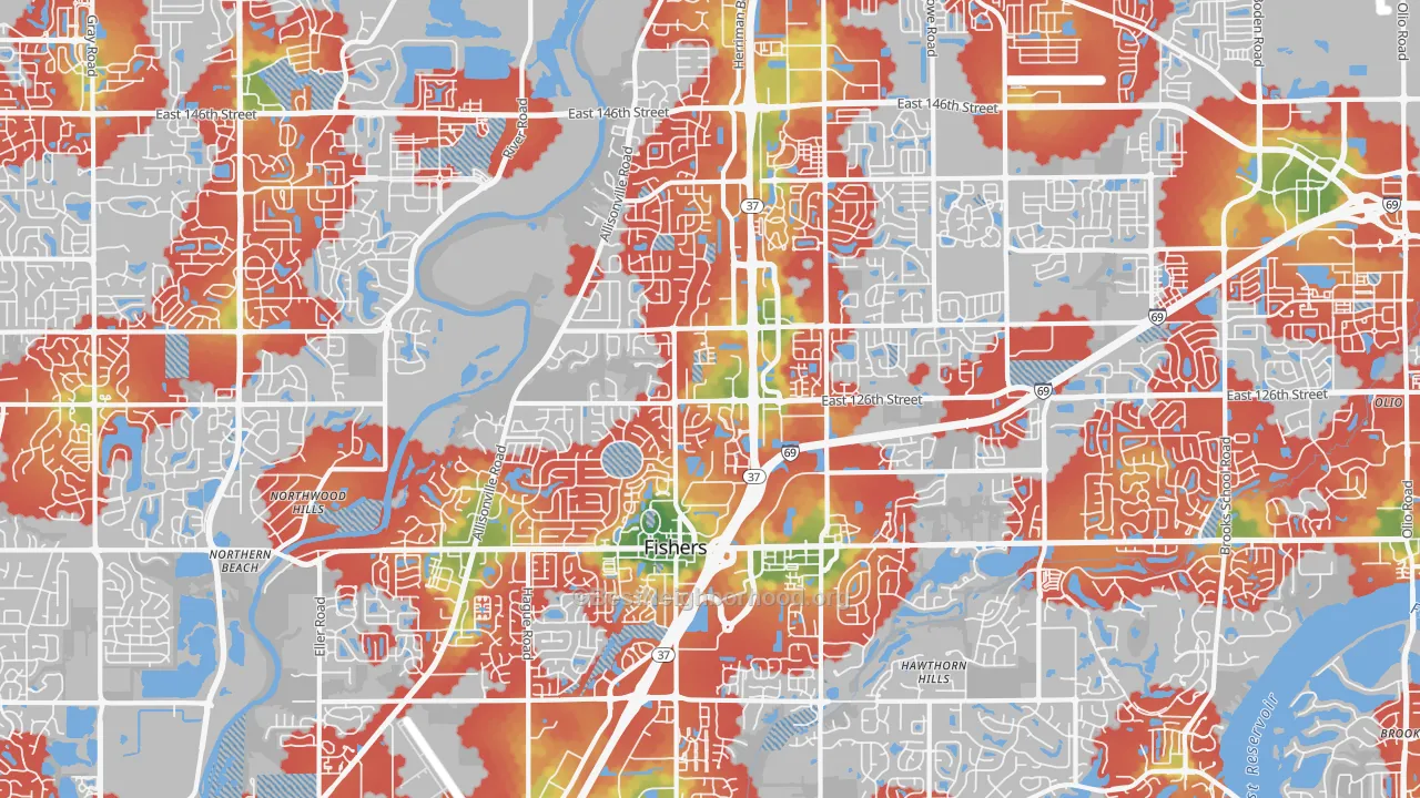 Walk Grade map of 46038, IN, walkable areas in green and car-dependent areas in red