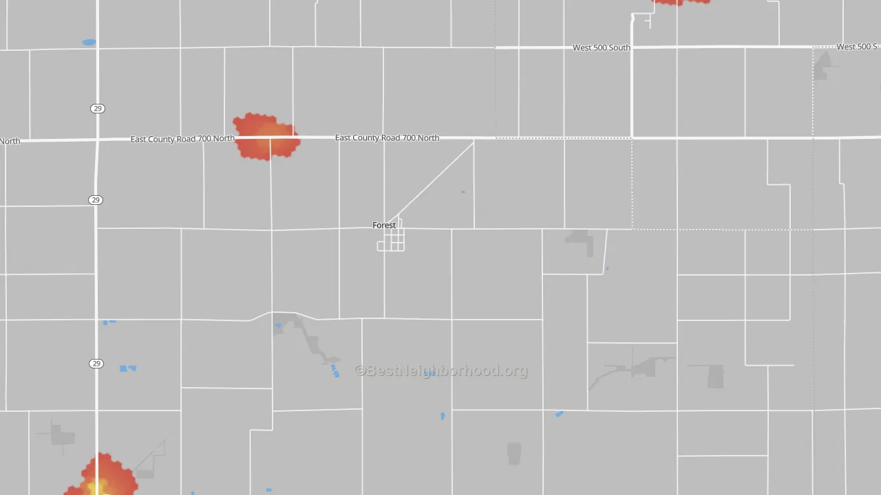 Walk Grade map of 46039, IN, walkable areas in green and car-dependent areas in red