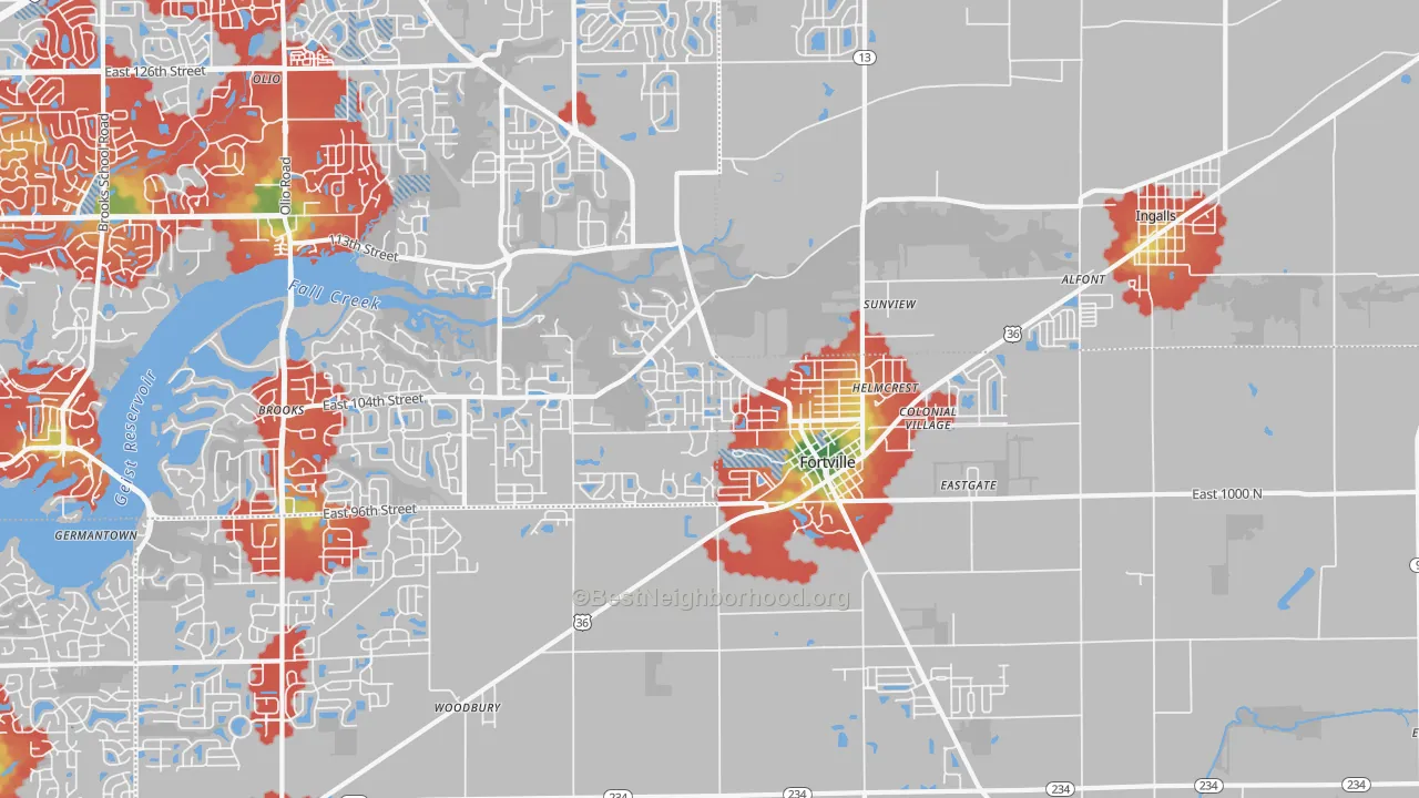 Walk Grade map of 46040, IN, walkable areas in green and car-dependent areas in red