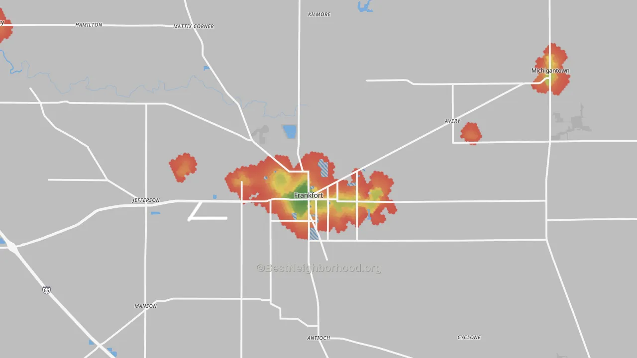 Walk Grade map of 46041, IN, walkable areas in green and car-dependent areas in red