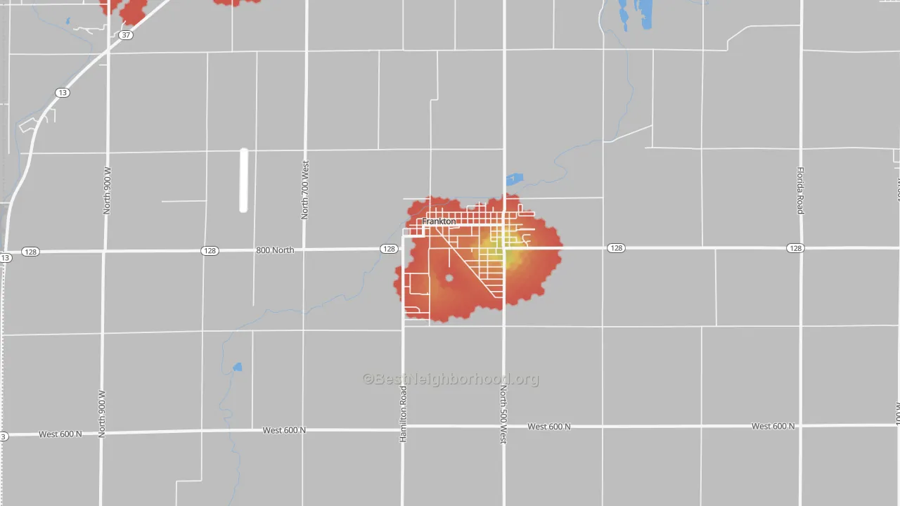 Walk Grade map of 46044, IN, walkable areas in green and car-dependent areas in red
