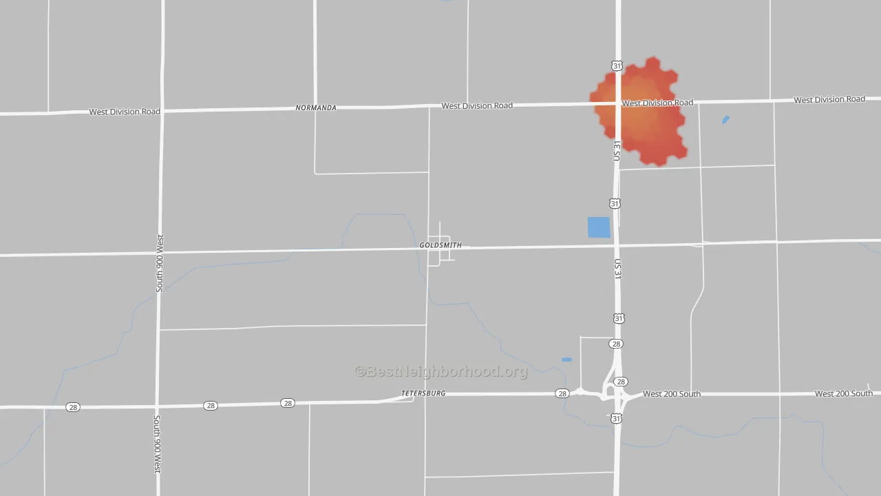 Walk Grade map of 46045, IN, walkable areas in green and car-dependent areas in red