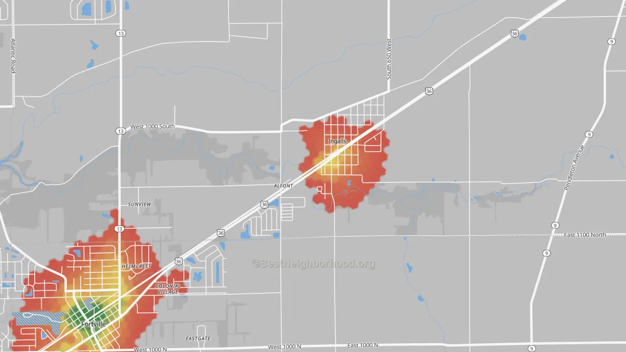 Walk Grade map of 46048, IN, walkable areas in green and car-dependent areas in red