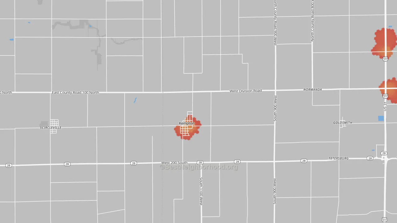 Walk Grade map of 46049, IN, walkable areas in green and car-dependent areas in red