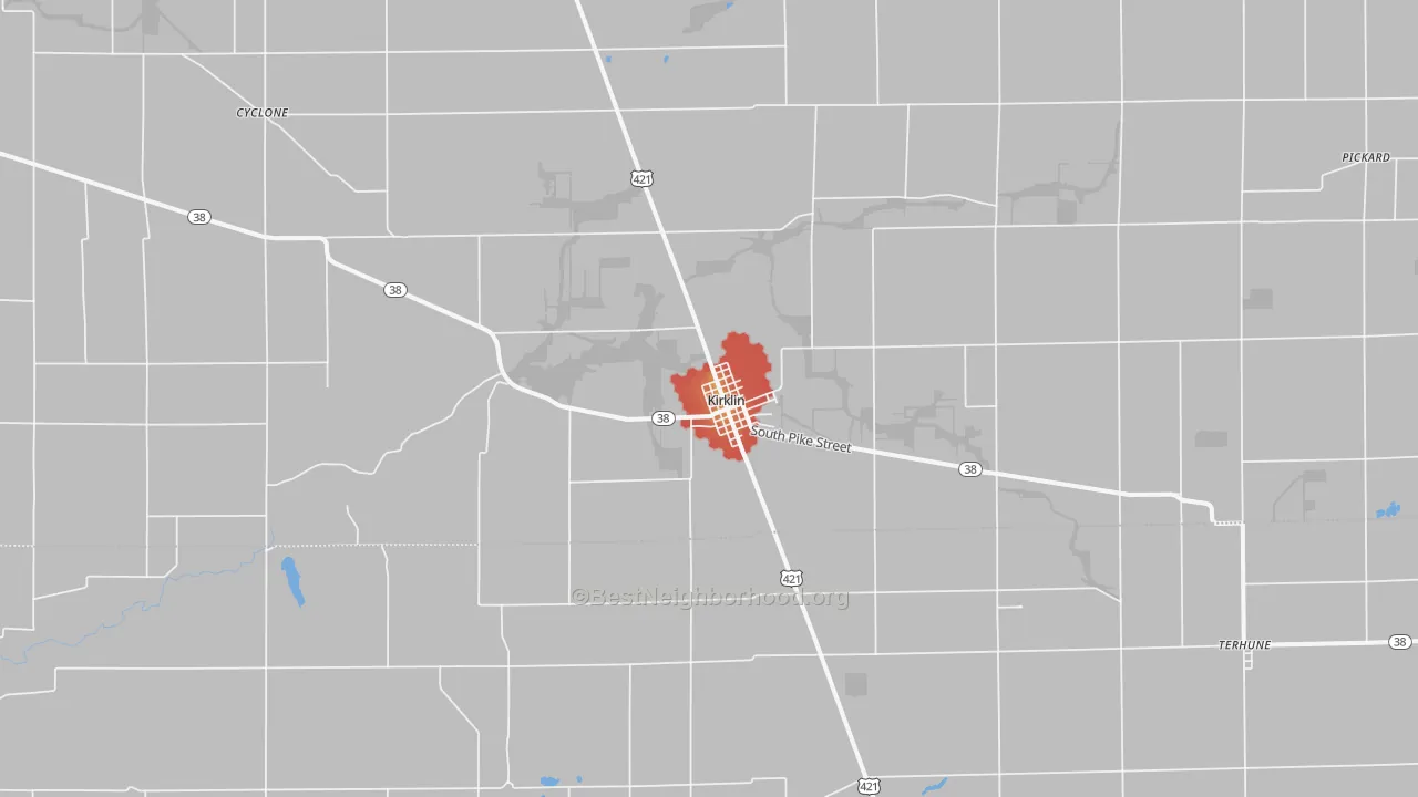 Walk Grade map of 46050, IN, walkable areas in green and car-dependent areas in red