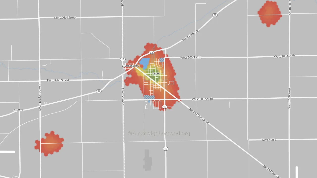 Walk Grade map of 46051, IN, walkable areas in green and car-dependent areas in red