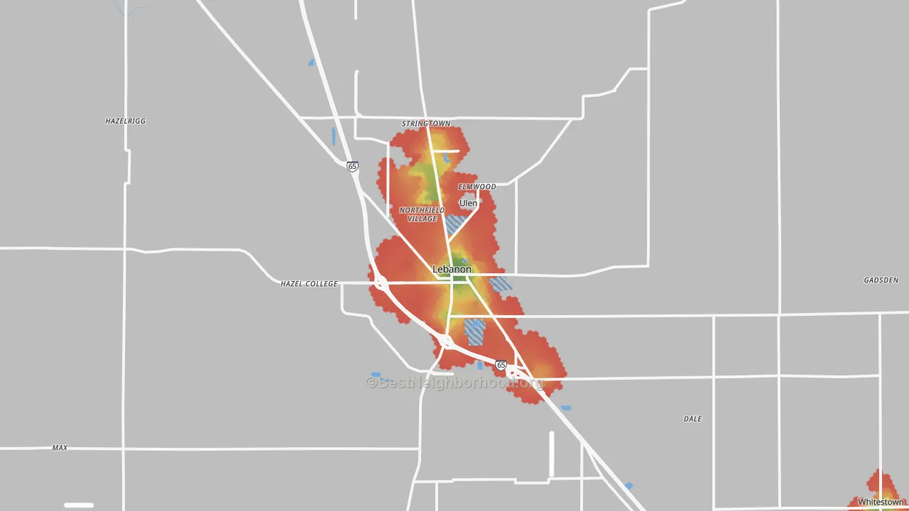 Walk Grade map of 46052, IN, walkable areas in green and car-dependent areas in red