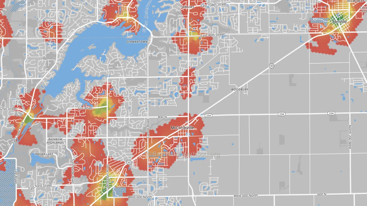 Walk Grade map of 46055, IN, walkable areas in green and car-dependent areas in red