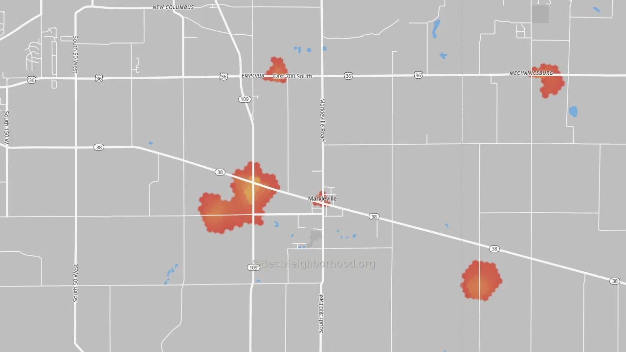 Walk Grade map of 46056, IN, walkable areas in green and car-dependent areas in red