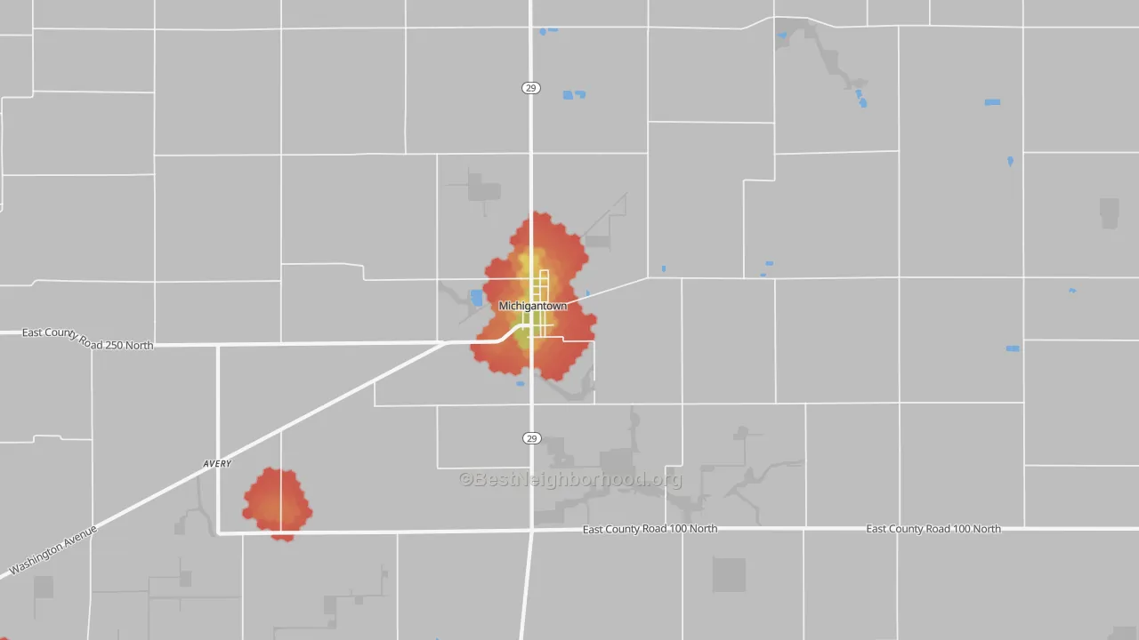 Walk Grade map of 46057, IN, walkable areas in green and car-dependent areas in red