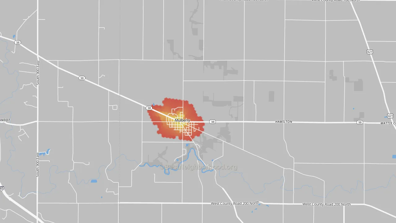 Walk Grade map of 46058, IN, walkable areas in green and car-dependent areas in red