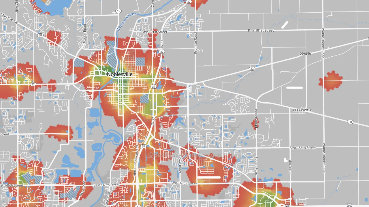 Walk Grade map of 46060, IN, walkable areas in green and car-dependent areas in red