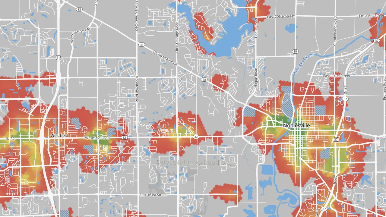 Walk Grade map of 46062, IN, walkable areas in green and car-dependent areas in red