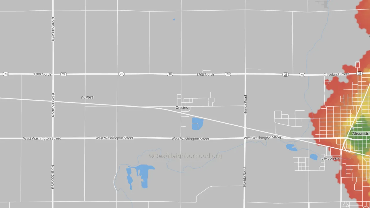 Walk Grade map of 46063, IN, walkable areas in green and car-dependent areas in red