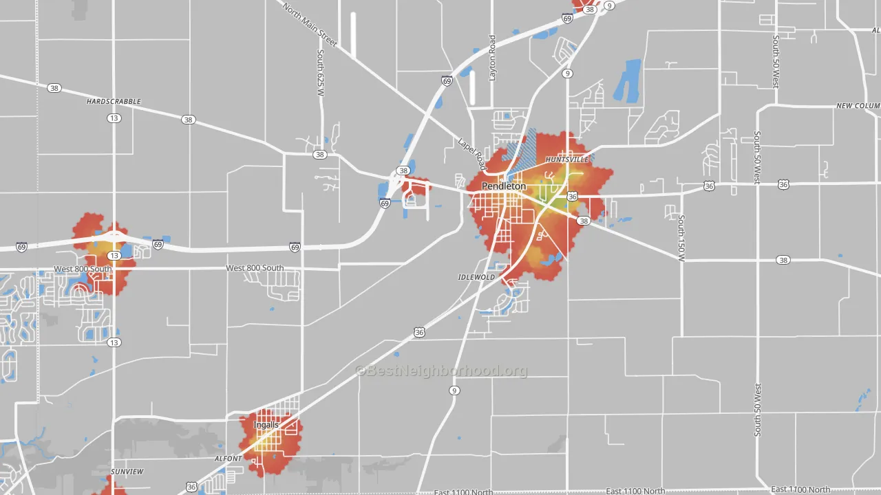 Walk Grade map of 46064, IN, walkable areas in green and car-dependent areas in red