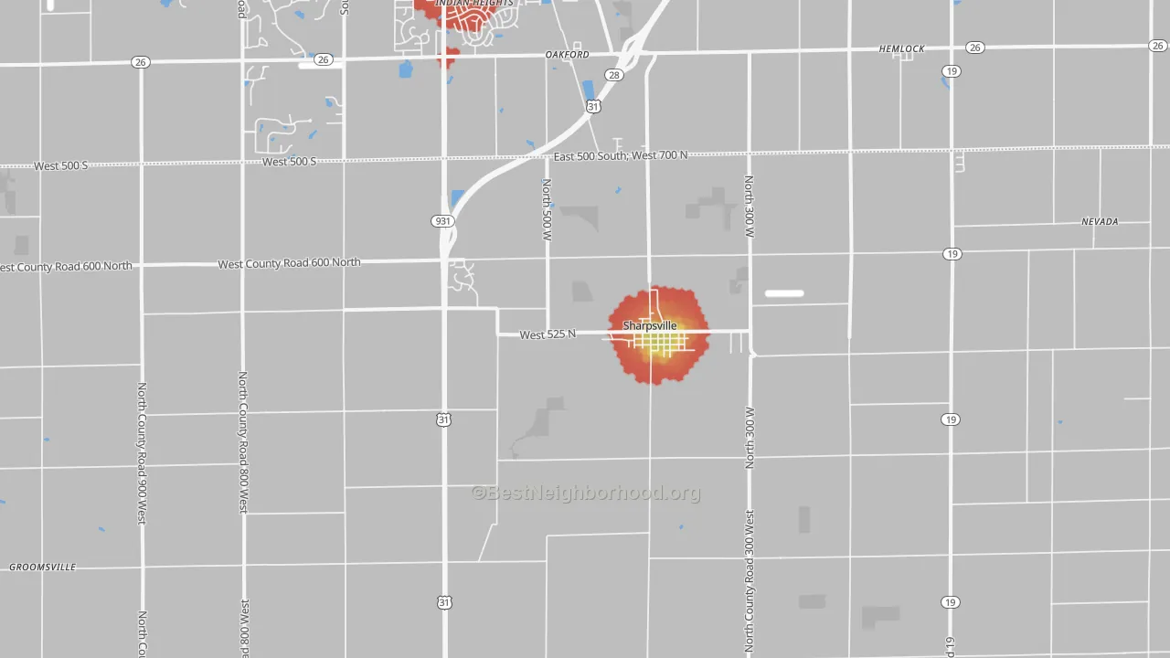 Walk Grade map of 46068, IN, walkable areas in green and car-dependent areas in red