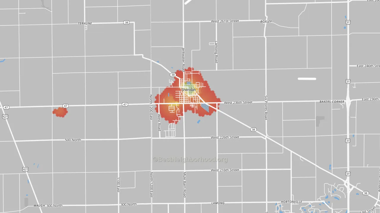 Walk Grade map of 46069, IN, walkable areas in green and car-dependent areas in red