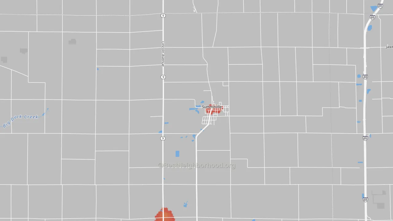 Walk Grade map of 46070, IN, walkable areas in green and car-dependent areas in red