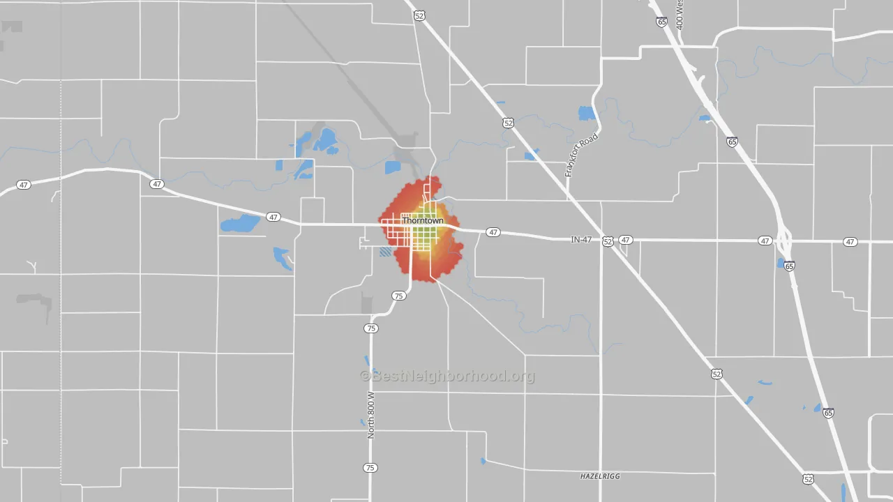 Walk Grade map of 46071, IN, walkable areas in green and car-dependent areas in red