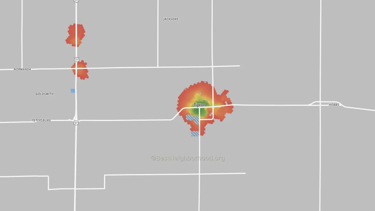 Walk Grade map of 46072, IN, walkable areas in green and car-dependent areas in red