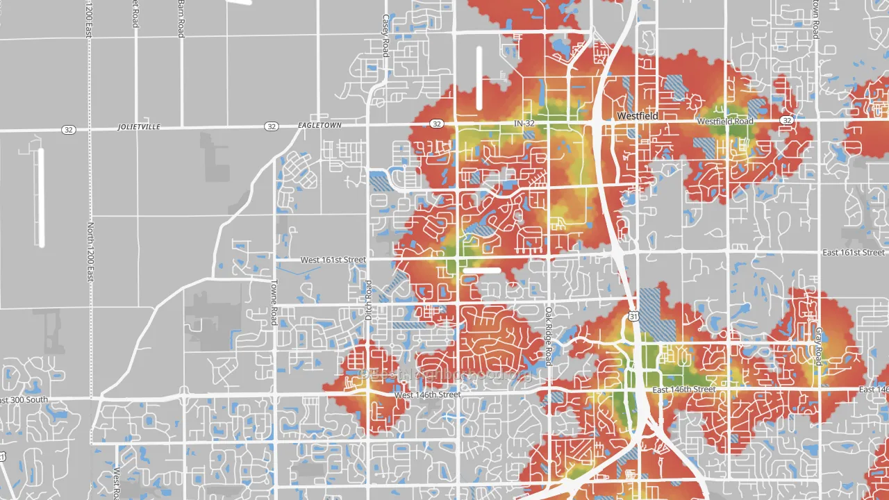 Walk Grade map of 46074, IN, walkable areas in green and car-dependent areas in red