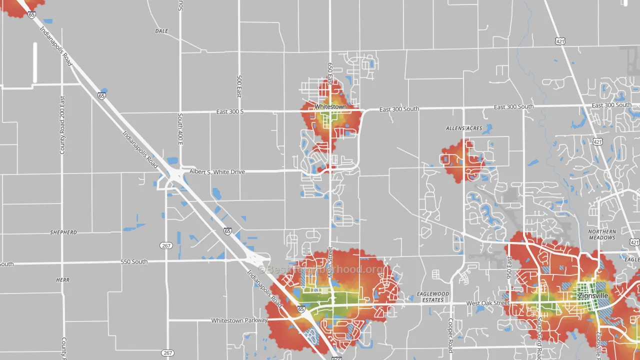Walk Grade map of 46075, IN, walkable areas in green and car-dependent areas in red