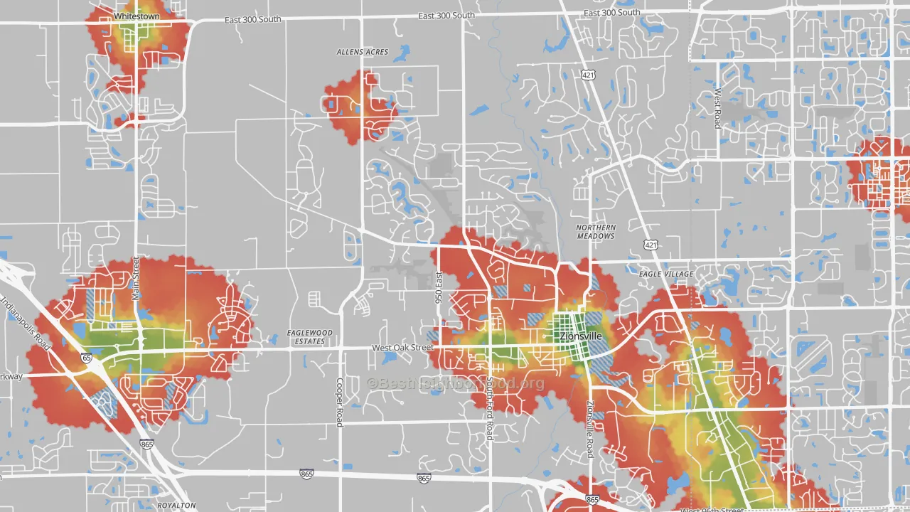 Walk Grade map of 46077, IN, walkable areas in green and car-dependent areas in red
