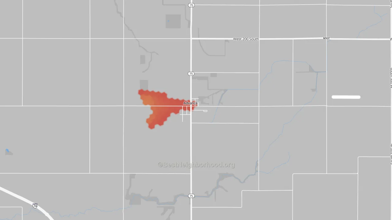 Walk Grade map of 46102, IN, walkable areas in green and car-dependent areas in red