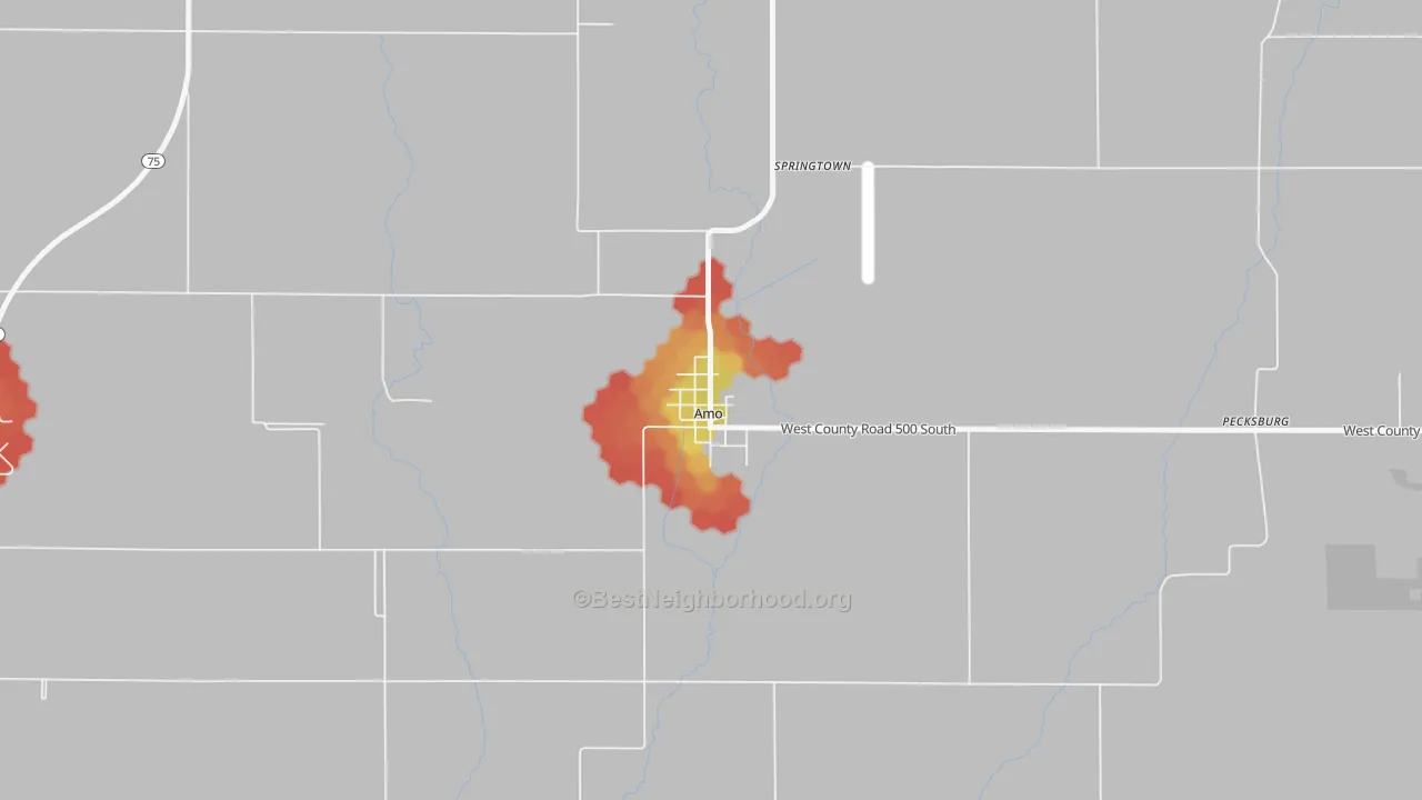 Walk Grade map of 46103, IN, walkable areas in green and car-dependent areas in red
