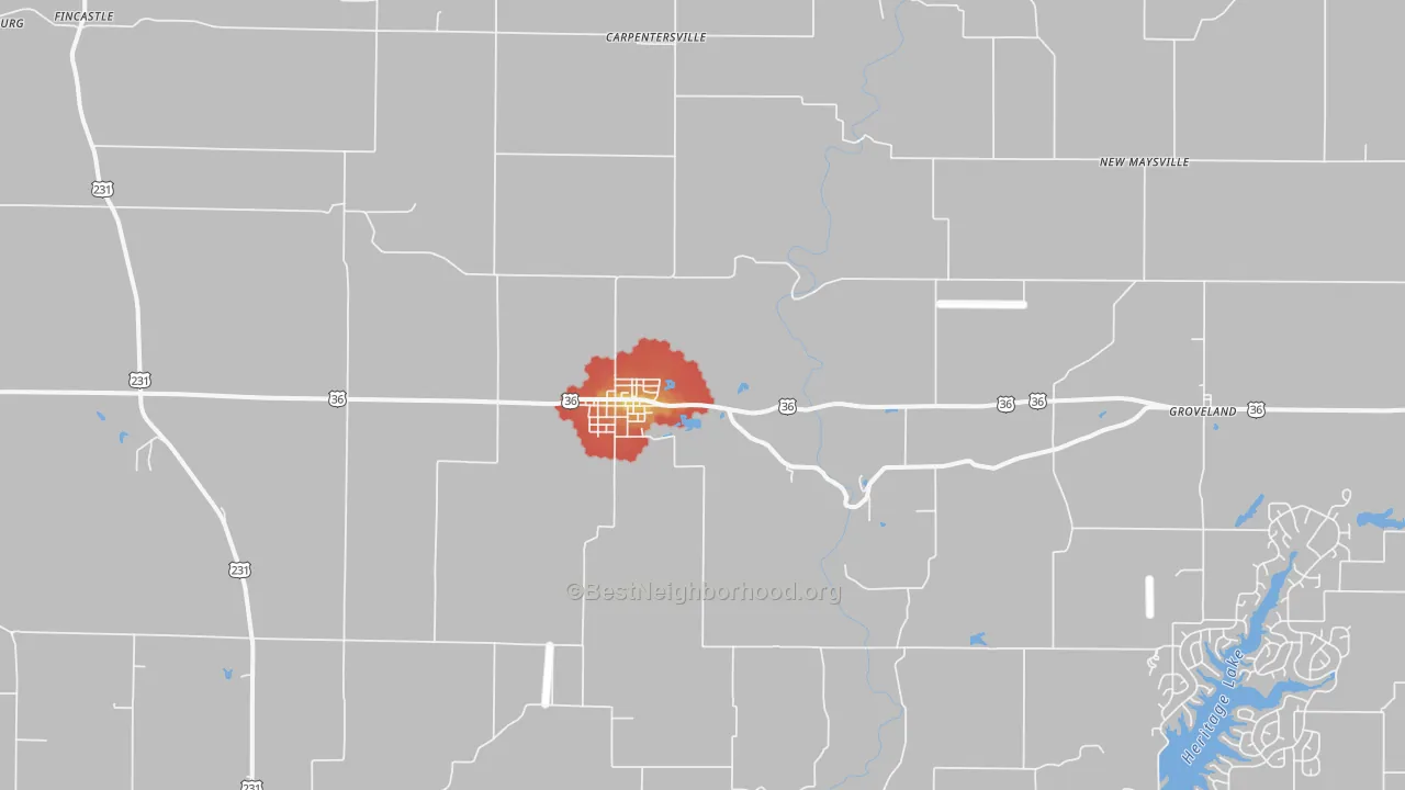 Walk Grade map of 46105, IN, walkable areas in green and car-dependent areas in red