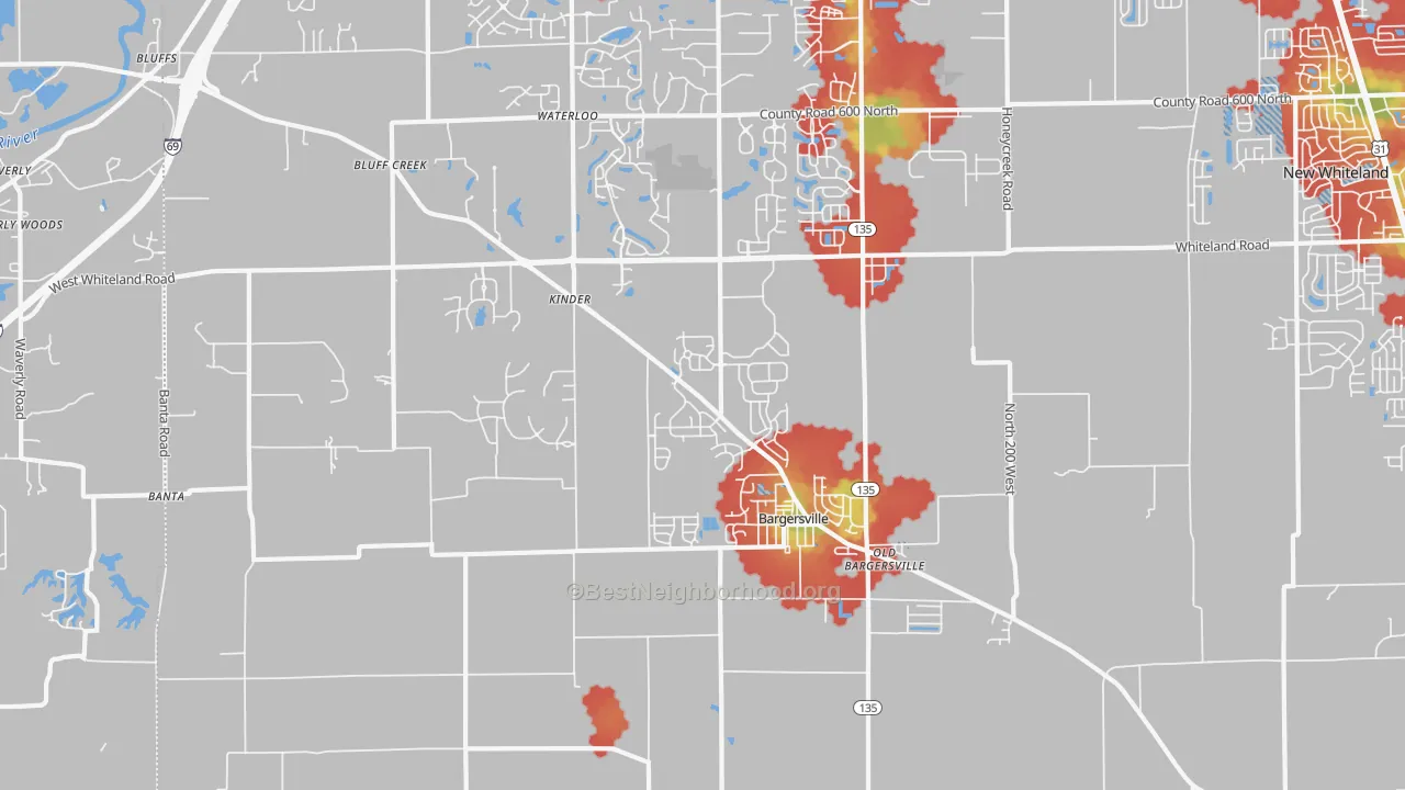 Walk Grade map of 46106, IN, walkable areas in green and car-dependent areas in red