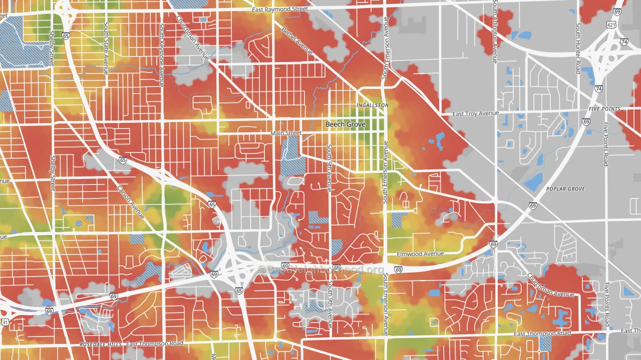 Walk Grade map of 46107, IN, walkable areas in green and car-dependent areas in red