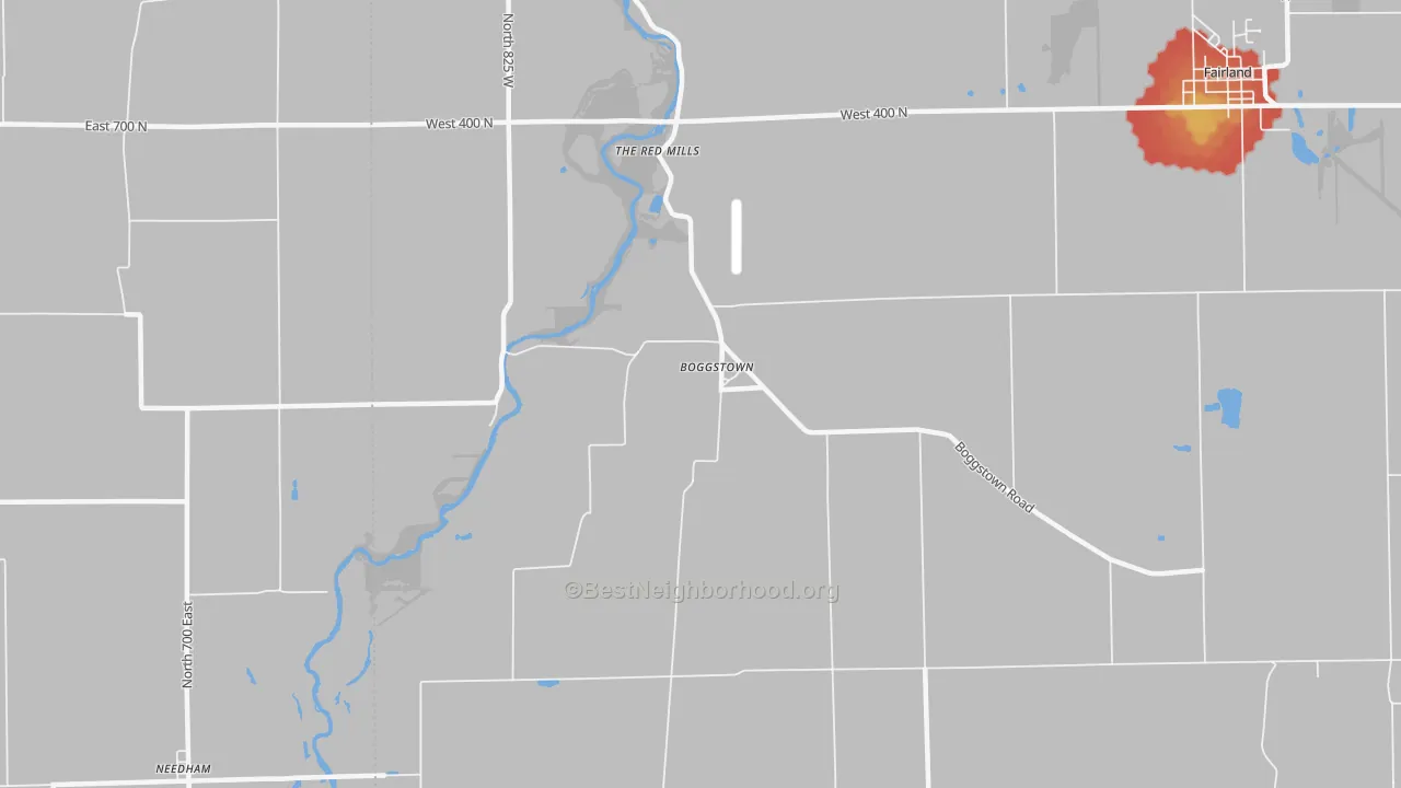 Walk Grade map of 46110, IN, walkable areas in green and car-dependent areas in red
