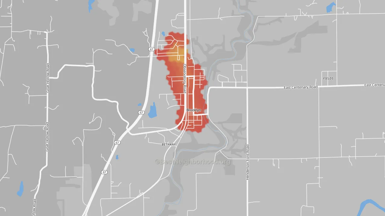 Walk Grade map of 46111, IN, walkable areas in green and car-dependent areas in red