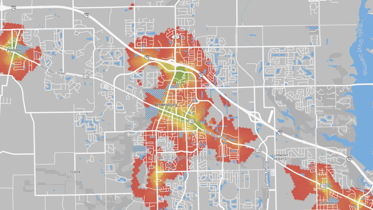 Walk Grade map of 46112, IN, walkable areas in green and car-dependent areas in red